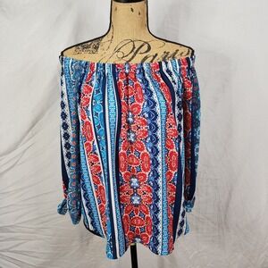 New! STUDIO JPR Size Med Colorful Floral Off Shoulder Crepe Boho Vacation Blouse
